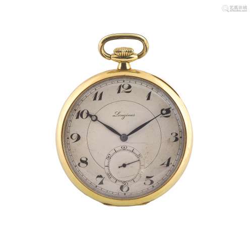 LONGINES, 18K yellow gold open face, keyless pocket watch. Made in 1900 circa