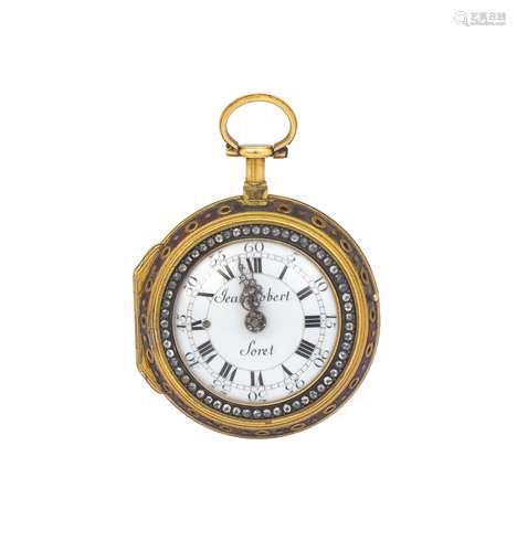 Jean Robert Soret, Geneva, extremely fine and very rare, center-seconds, 18K gold and painted on enamel pocket watch. Made circa 1790