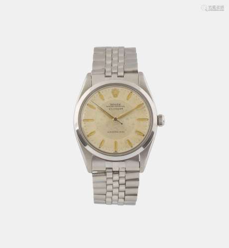 Rolex, “Oyster Perpetual Everest”, Super Precision,” case No. 281659. Ref. 5504, center seconds, self-winding, water-resistant, stainless steel wristwatch with a stainless steel Rolex Jubilee bracelet and deployant clasp. Made in 1958.