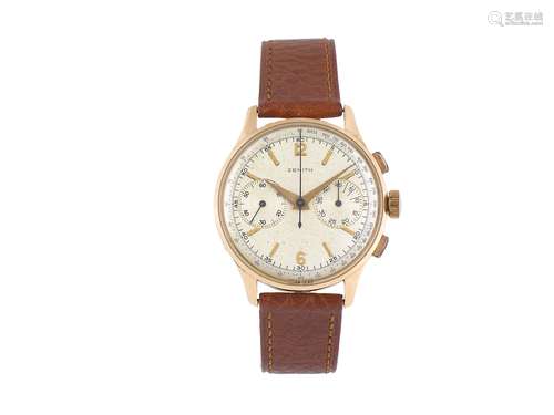 Zenith, “Chronograph”, case No. 773111, 18K yellow gold wristwatch with square button chronograph, registers, and tachometer. Made circa 1960