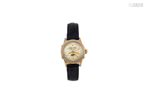 MOVADO, steel and gold plated wristwatch with triple calendar and moon phases. Made circa 1940