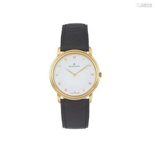 BLANCPAIN, “Villeret”, No. 1036, thin, 18K yellow gold wristwatch with a 18K yellow gold Blancpain buckle. Accompanied by an original box and Guarantee. Made circa 1990