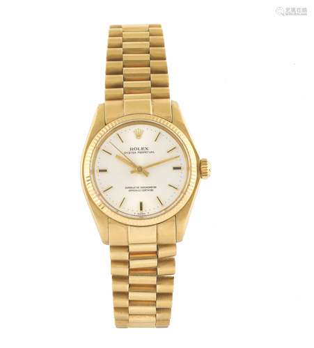 ROLEX, “Oyster Perpetual, Superlative Chronometer, Officially Certified”, Ref. 6751, case No. 6204398, tonneau-shaped, center seconds, self-winding, 18K yellow gold  wristwatch with an 18K yellow gold  Rolex President bracelet with deployant clasp. Accompanied by the original box. Made circa 1980