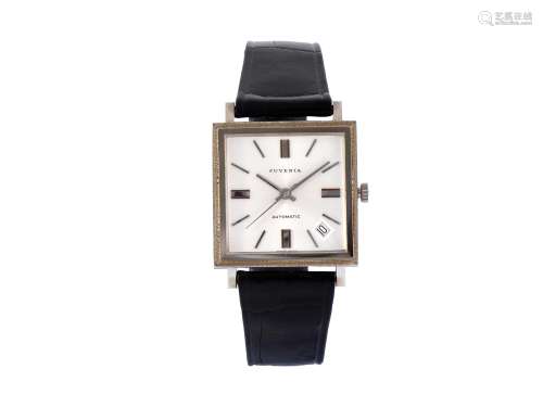 JUVENIA, case No. 886195, Ref. 8685, self-winding, 18K white gold square wristwatch with date and a steel Juvenia buckle. Made circa 1970. Accompanied by the original box and Guarantee