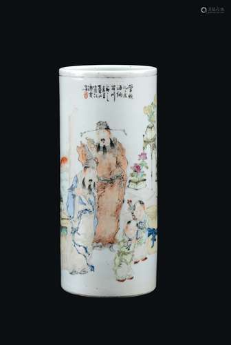 A polycrhome enamelled porcelain vase depicting wise man with children and inscription, China, Qing Dynasty, 19th century