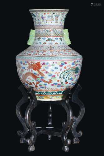 A large polychrome enamelled porcelain vase with phoenixes, butterflies and red bats, China, Qing Dynasty, 19th century