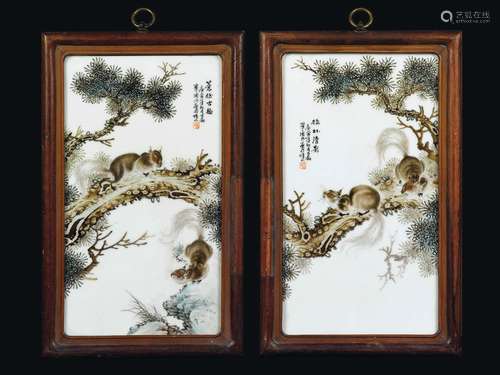 Four polychrome enamelled porcelain plaques depicting squirelles with inscriptions, China, Republic, 20th century