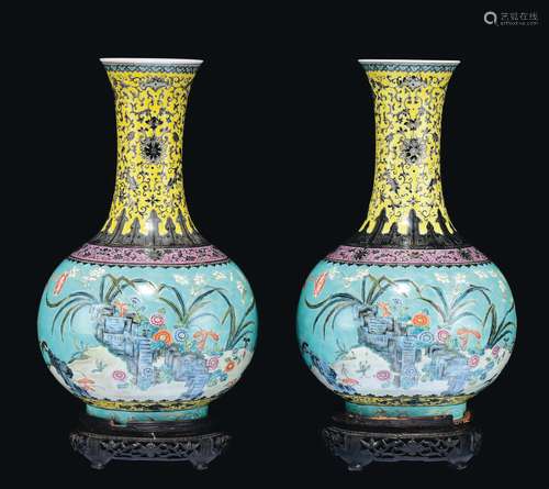 A pair of polychrome enamelled Da ya zhai porcelain vases with flowers and inscriptions, China, Qing Dynasty, Guangxu Mark and of the Period (1875-1908)