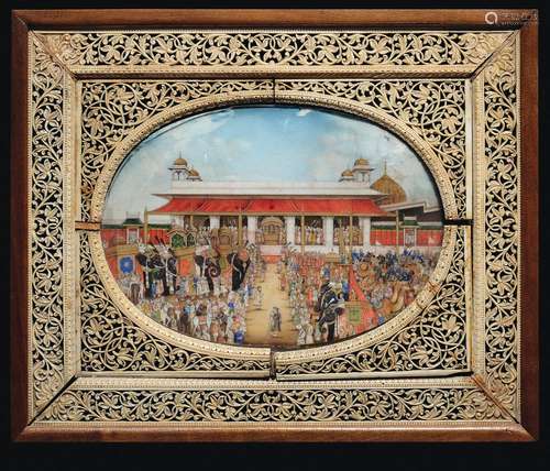 An ivory miniature depicting a royal worship on a fretworked frame, India, 19th century