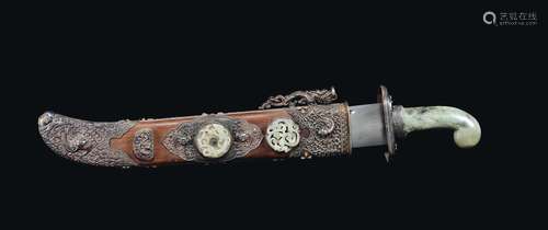 A dagger with handle and scappard with white jade and semi-precious stone inlays, China, Qing Dynasty, 18th/19th century