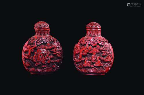 Two red lacquer snuff bottles with figures in relief, China, Qing Dynasty, 18th century