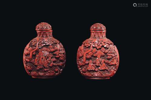 Two red lacquer snuff bottles with figures in relief, China, Qing Dynasty, 18th century