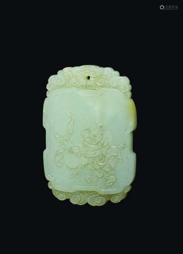 A white jade pendant with child and inscription, China, Qing Dynasty, 18th century