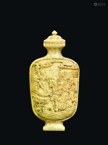 A carved ivory snuff bottle with wise men, China, Qing Dynasty, 19th century