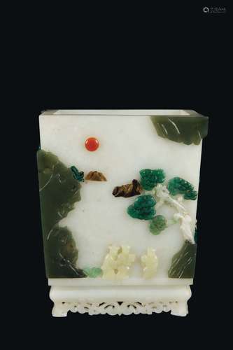 A white jade brushpot with semi-precious stones inlays depicting children and bat, China, Qing Dynasty, 19th century