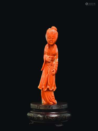 A small carved coral figure of Guanyin, China, early 20th century