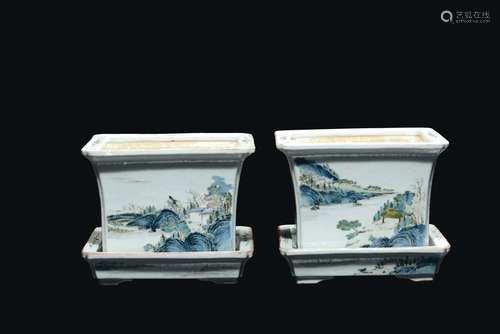 A pair of polychrome enamelled porcelain jardinières with landscapes, China, Qing Dynasty, 19th century