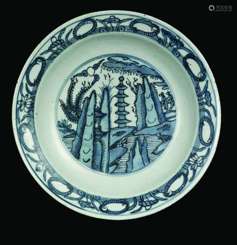 A blue and white dish depicting landscape, China, Ming Dynasty, Wanli Period (1573-1619)