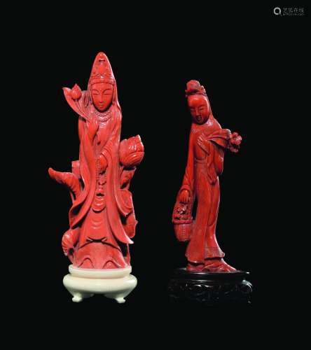 Two small carved coral figures of Guanyin with flowers, China, early 20th century