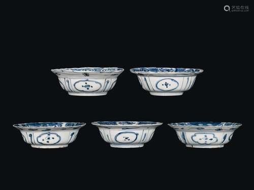 Five blue and white cups with naturalistic decoration, China, Ming Dynasty, Wanli Period (1573-1619)