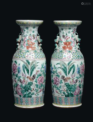 A pair of Famille-Rose vases with flowers and roosters, China, Qing Dynasty, 19th century