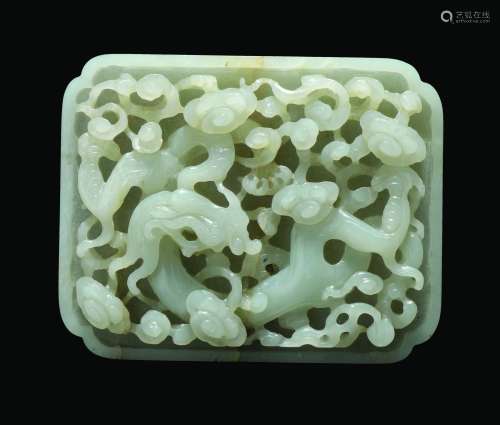 A white jade plaque with dragon in relief, China, Qing Dynasty, Qianlong Period (1736-1795)