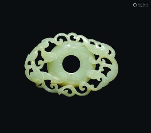 A white jade Pi with fretworked bats, China, Ming Dynasty, 17th century