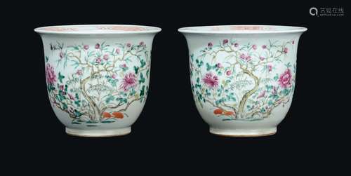 A pair of Famille-Rose porcelain jardinières with blossom branches, China, Qing Dynasty, 19th century