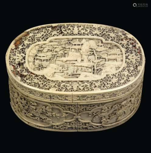 A carved ivory box and cover with naturalistic and landscapes reserves, China, Qing Dynasty, 19th century