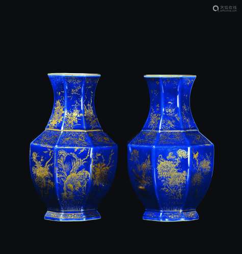 A pair of blue-ground porcelain hexagonal based vases with gilt decorations, China, Qing Dynasty, Guangxu Mark and of the Period (1875-1908)