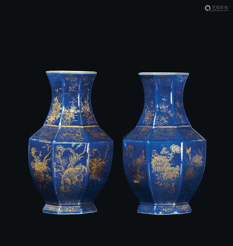 A pair of blue-ground porcelain hexagonal based vases with gilt decorations, China, Qing Dynasty, Guangxu Mark and of the Period (1875-1908)