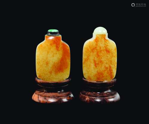 Two squared white and russet jade snuff bottles, China, Qing Dynasty, 19th century