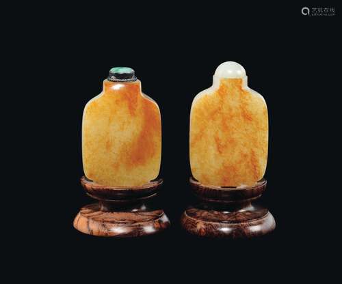 Two squared white and russet jade snuff bottles, China, Qing Dynasty, 19th century