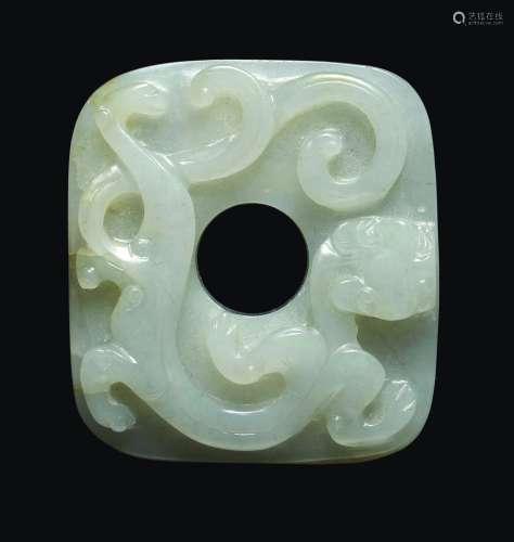 A white jade belthook with mythical animal in relief, China, Qing Dynasty, 18th century