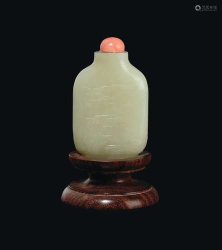 A white jade snuff bottle with coral stopper, China, Qing Dynasty, 19th century