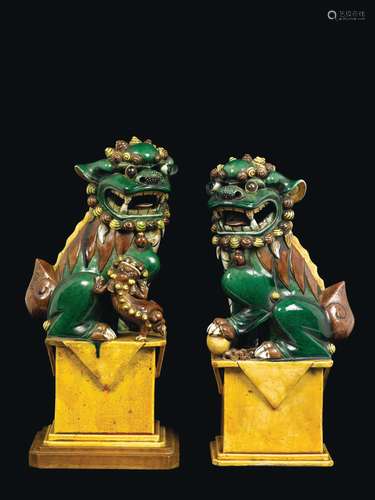 A pair of Sancai porcelain Pho dogs, China, Qing Dynasty, 19th century