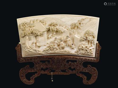 A carved ivory plaque with a common children life scene, China, Qing Dynasty, 19th century