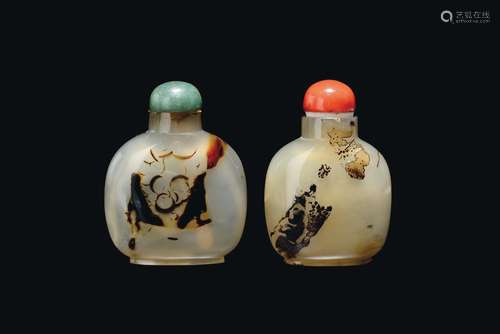 Two agate snuff bottles with birds, China, Qing Dynasty, 19th century