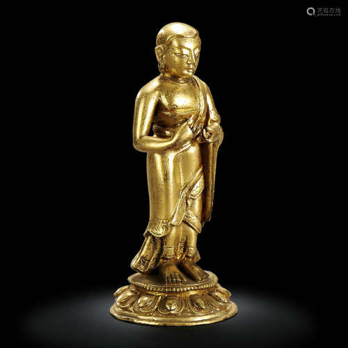 西藏  十八世纪    铜鎏金阿难尊者立像