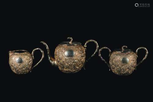 A silver tea set: teapot, sugar bowl and milk jug, China, Qing Dynasty, 19th century