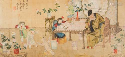 A painting on paper depicting wise man with children and inscription with Jiao Bingzhen' signature, China, Qing Dynasty, 18th century