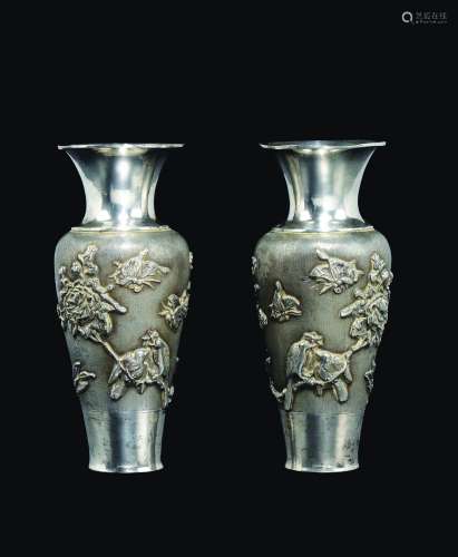 A pair of silver vases with naturalistic decoration and inscriptions, China, Qing Dynasty, 19th century