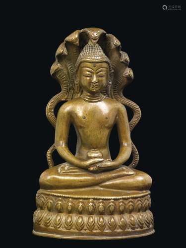 A bronze figure of Buddha with Naga on a double lotus flower, Nepal, 19th century