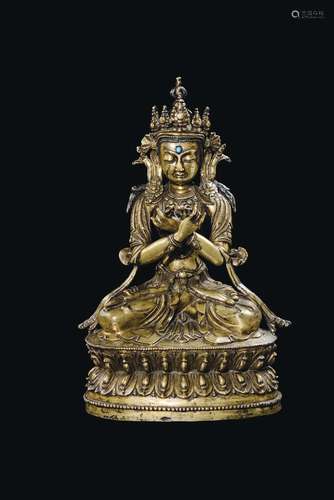 An important gilt bronze figure of Amitayus with vajra on a double lotus flower, China, Ming Dynasty, Yongle Period (1403-1424)