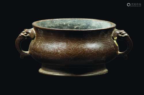 A bronze two-handled censer with bats, China, Ming Dynasty, 17th century