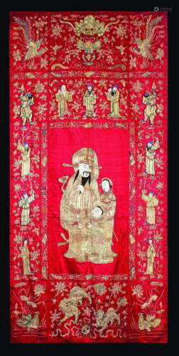 Four red-ground silk clothes embroidered with Guanyin, dignitaries and animals, China, Qing Dynasty, 19th century