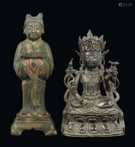 Two bronze figure, a woman with a box and a crowned Buddha on a double lotus flower, China, Ming Dynasty, 17th century