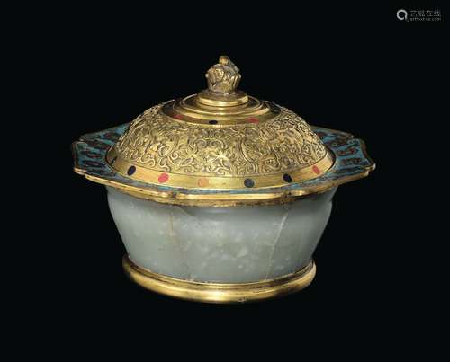 A white jade and gilt bronze cloisonné enemel vase and cover, China, Qing Dynasty, 18th century