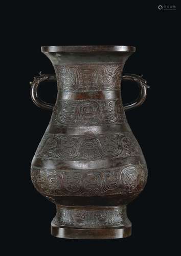 A large bronze two-handles vase with geometrical decoration, China, Ming Dynasty, 15th century