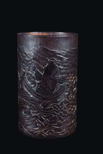 A carved bamboo brushpot with carp, China, Qing Dynasty, Qianlong Period (1736-1795)